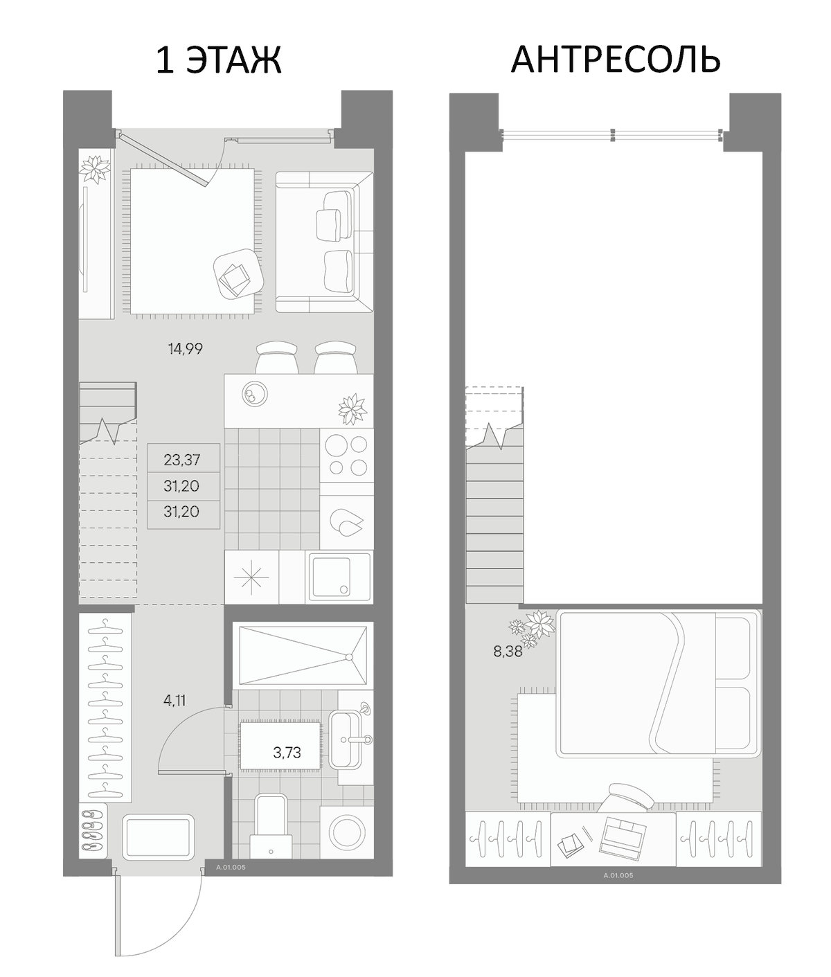 Планировка однокомнатная 31.21 м² в ЖК «Альпен», корпус 1