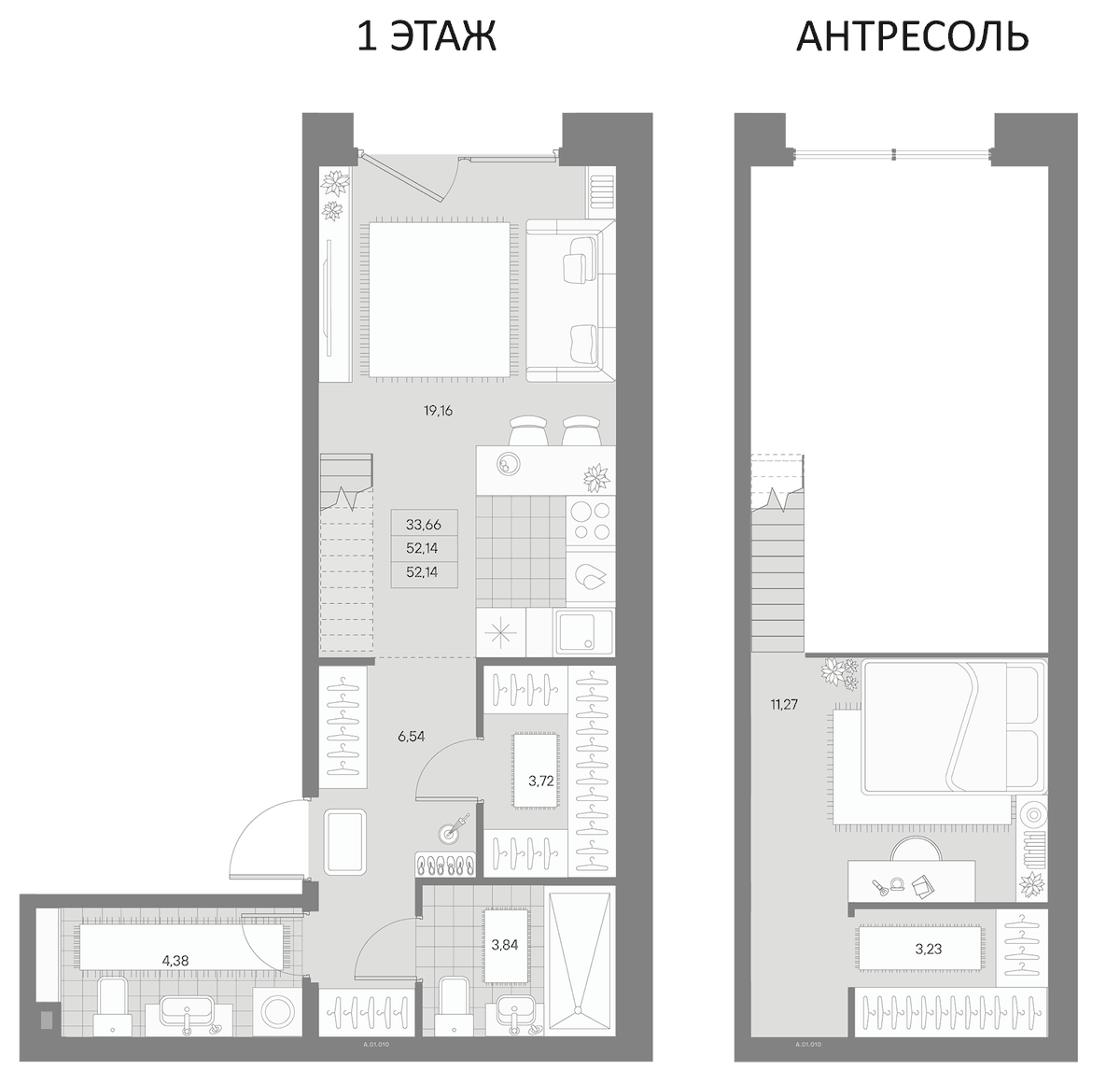Планировка однокомнатная 52.14 м² в ЖК «Альпен», корпус 1