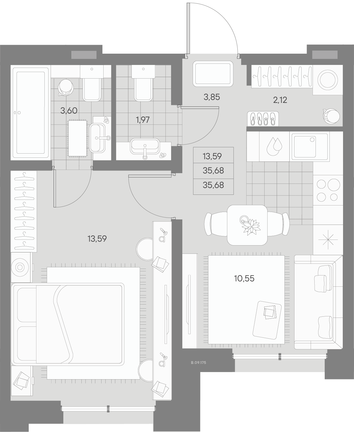 Планировка евродвушка (2Е) 35.68 м² в ЖК «Альпен», корпус 1