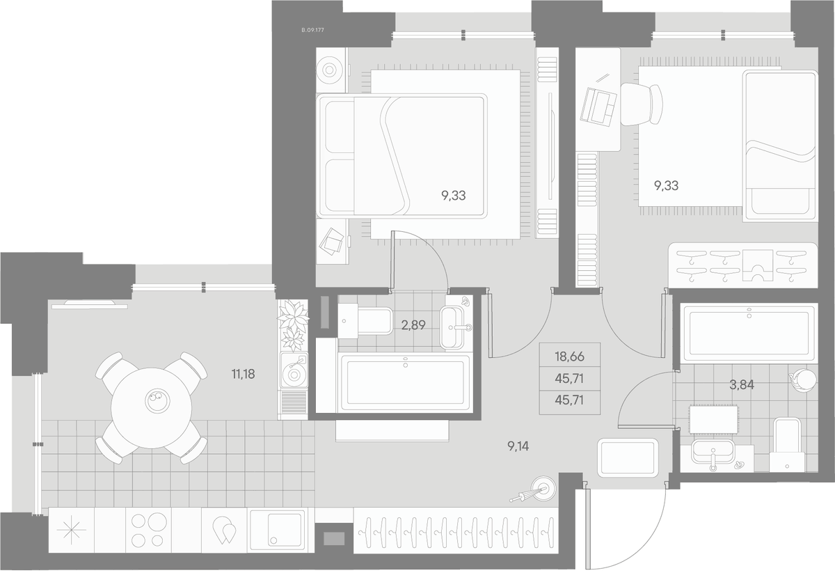 Планировка евротрёшка (3Е) 45.71 м² в ЖК «Альпен», корпус 1