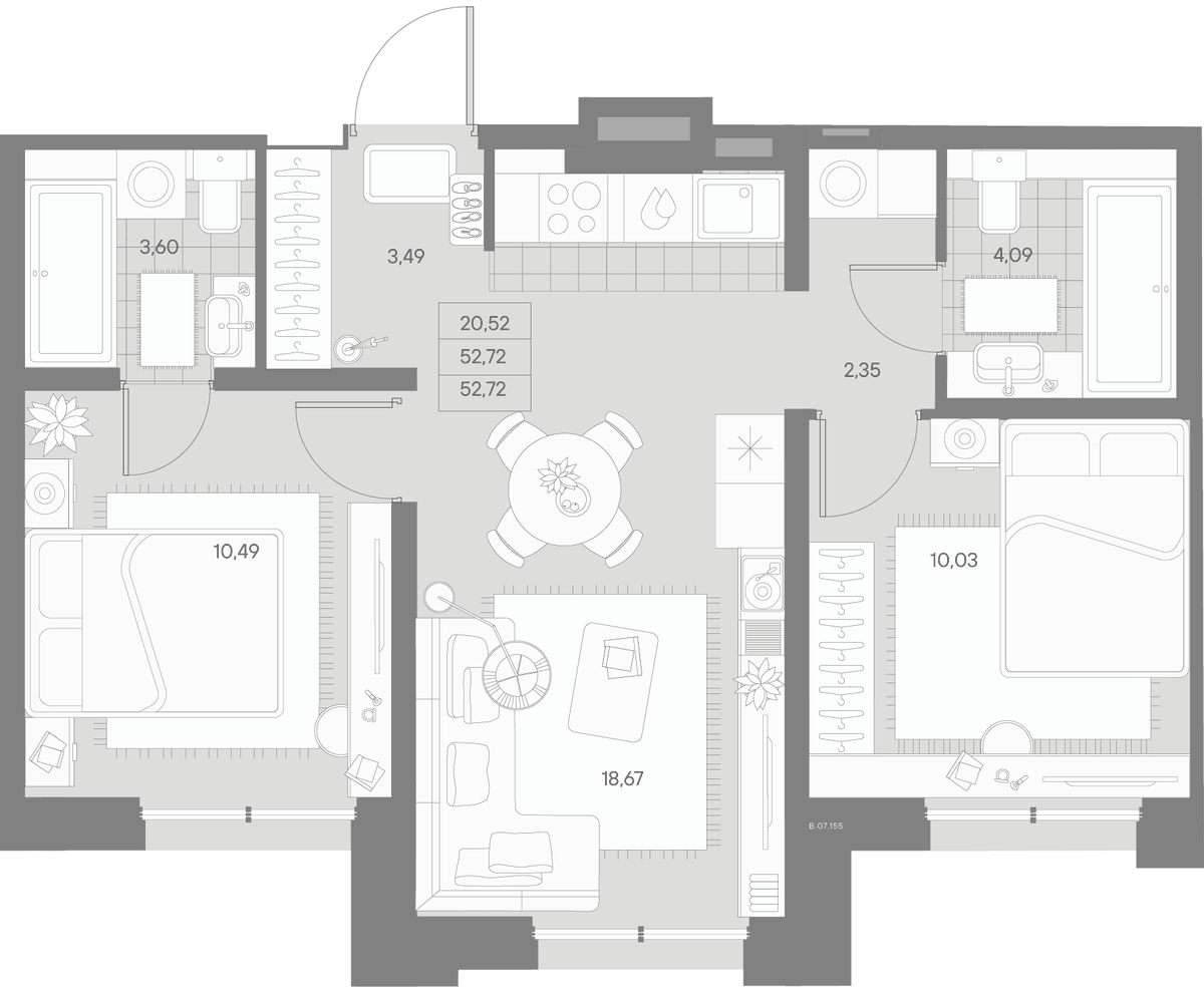 Планировка евротрёшка (3Е) 52.72 м² в ЖК «Альпен», корпус 1