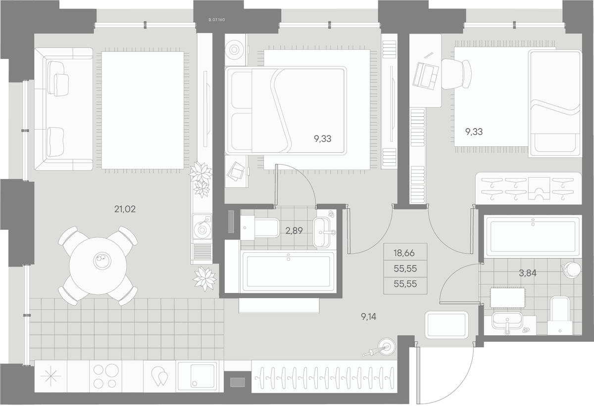 Планировка евротрёшка (3Е) 55.55 м² в ЖК «Альпен», корпус 1