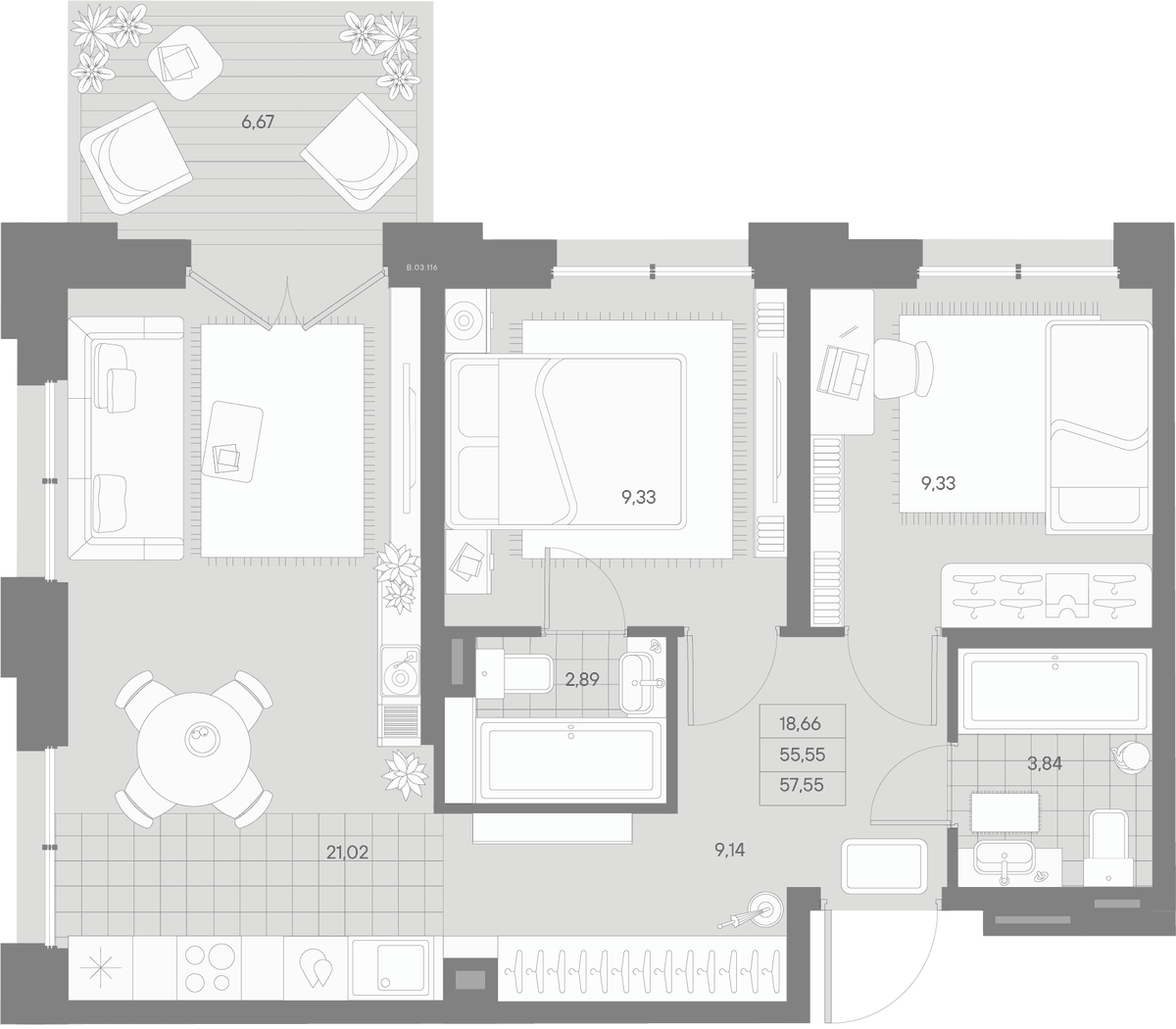 Планировка евротрёшка (3Е) 57.55 м² в ЖК «Альпен», корпус 1