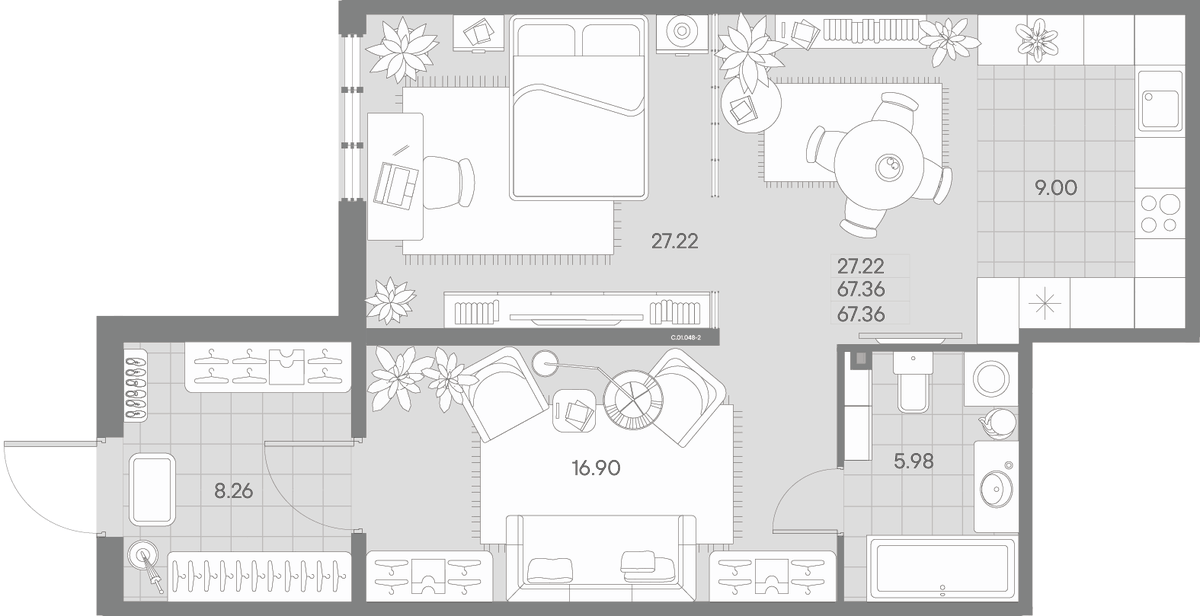 Планировка евродвушка (2Е) 65.4 м² в ЖК «АМО», корпус 1