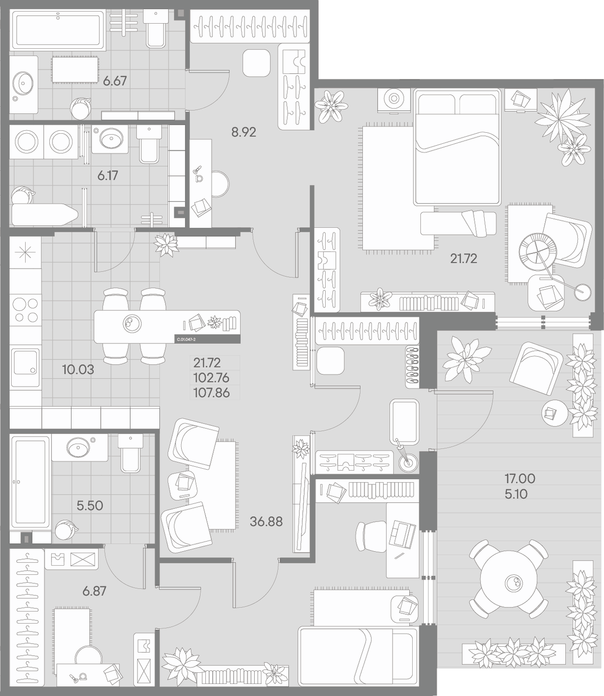 Планировка евротрёшка (3Е) 106.17 м² в ЖК «АМО», корпус 1