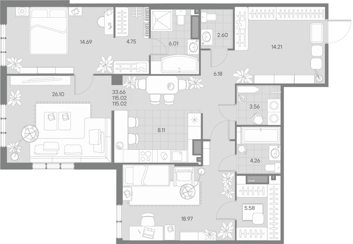 Планировка евротрёшка (3Е) 112.7 м² в ЖК «АМО», корпус 1