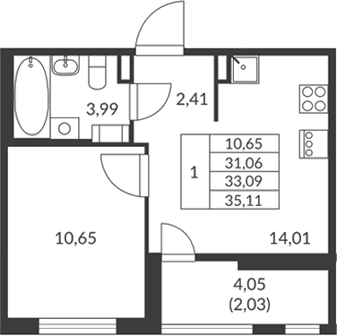 Планировка однокомнатная 33.09 м² в ЖК «Амурино», корпус 1