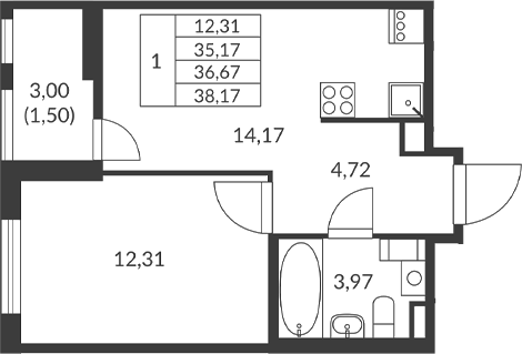 Планировка однокомнатная 36.67 м² в ЖК «Амурино», корпус 1