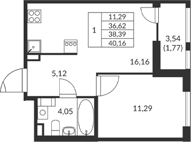 Планировка однокомнатная 38.39 м² в ЖК «Амурино», корпус 1