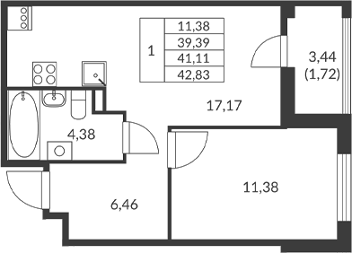 Планировка однокомнатная 41.11 м² в ЖК «Амурино», корпус 1