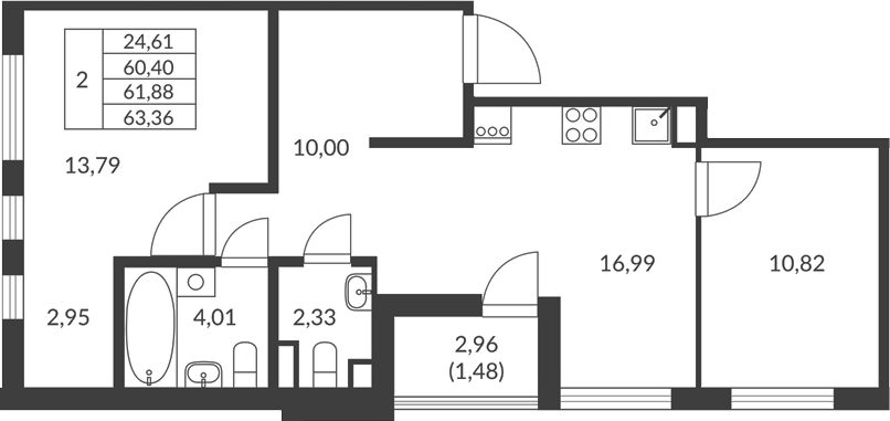 Планировка двухкомнатная 61.88 м² в ЖК «Амурино», корпус 2