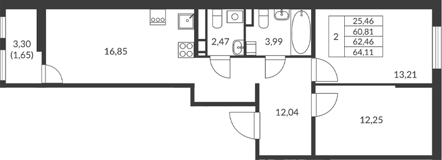 Планировка двухкомнатная 62.46 м² в ЖК «Амурино», корпус 1