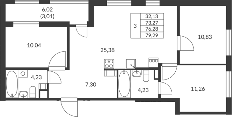 Планировка трёхкомнатная 76.28 м² в ЖК «Амурино», корпус 1