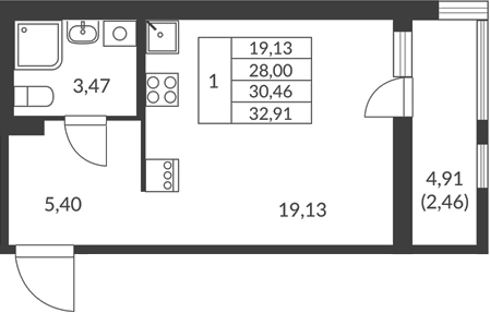 Планировка Студии 30.46 м² в ЖК «Амурино», корпус 2