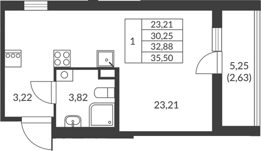Планировка Студии 32.88 м² в ЖК «Амурино», корпус 2