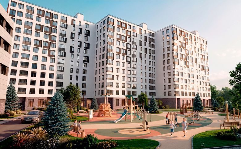 Амурино — Закрытый двор: детская площадка, зелень, скамейки, машин вну