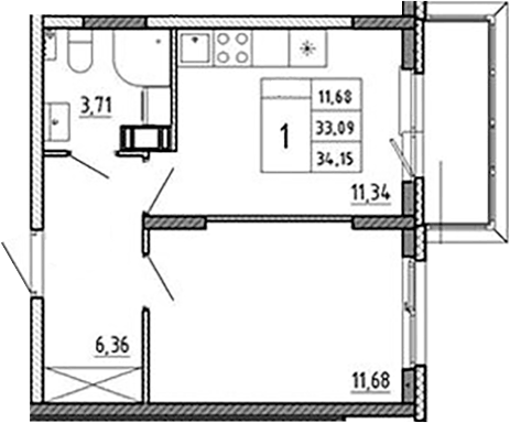 Планировка однокомнатная 34.12 м² в ЖК «Аннино Сити», корпус 7