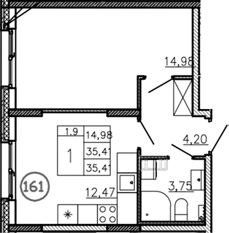 Планировка однокомнатная 35.41 м² в ЖК «Аннино Сити», корпус 5