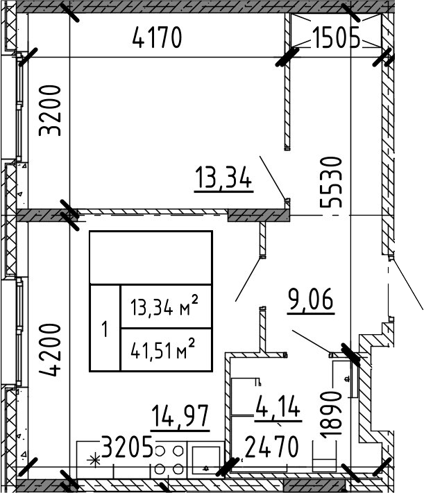 Планировка евродвушка (2Е) 41.51 м² в ЖК «Аннино Сити», корпус 4