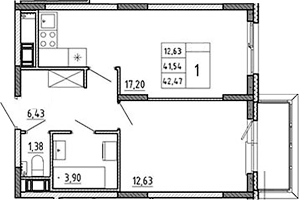 Планировка евродвушка (2Е) 42.47 м² в ЖК «Аннино Сити», корпус 7