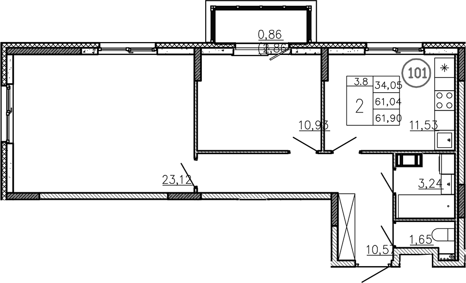 Планировка двухкомнатная 61.9 м² в ЖК «Аннино Сити», корпус 5