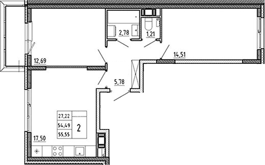 Планировка евротрёшка (3Е) 55.55 м² в ЖК «Аннино Сити», корпус 7
