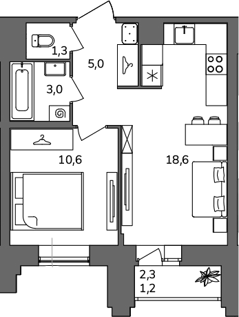 Планировка однокомнатная 39.7 м² в ЖК «Антверпен», корпус 1А