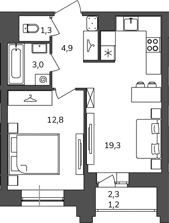 Планировка однокомнатная 42.5 м² в ЖК «Антверпен», корпус 1А