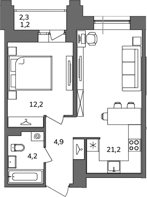 Планировка однокомнатная 43.7 м² в ЖК «Антверпен», корпус Б