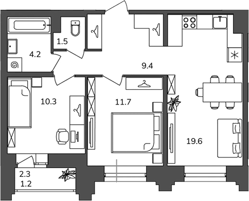 Планировка двухкомнатная 57.9 м² в ЖК «Антверпен», корпус 3А