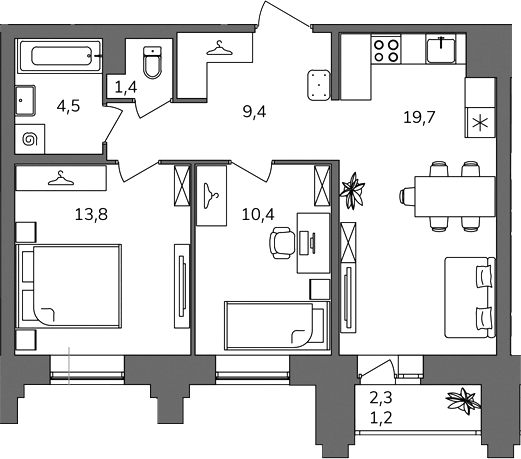 Планировка двухкомнатная 60.4 м² в ЖК «Антверпен», корпус 2А