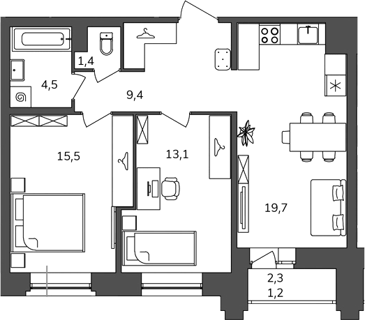 Планировка двухкомнатная 64.8 м² в ЖК «Антверпен», корпус 2А