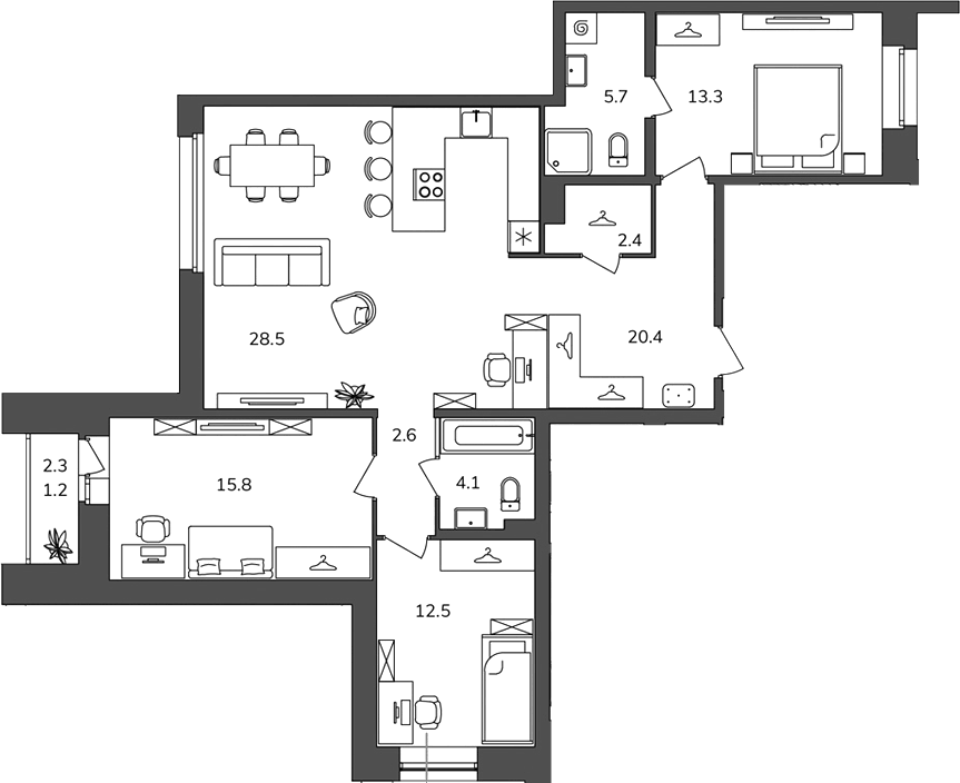 Планировка трёхкомнатная 106.5 м² в ЖК «Антверпен», корпус 3А