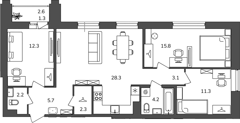 Планировка трёхкомнатная 86.5 м² в ЖК «Антверпен», корпус 3А