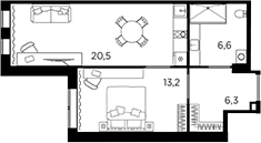Планировка однокомнатная 47.9 м² в ЖК «Апарт-отель Авенир Индастриал», корпус 1