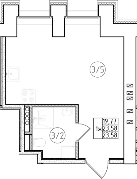 Планировка Студии 23.58 м² в ЖК «Апарт-отель Фомин», корпус 1