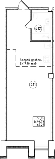 Планировка Студии 62.22 м² в ЖК «Апарт-отель Фомин», корпус 1