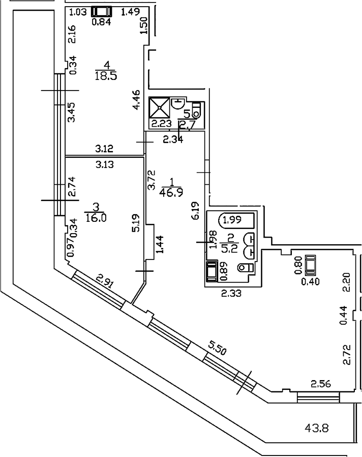 Планировка евротрёшка (3Е) 131.1 м² в ЖК «Odoevskij 17», корпус 1