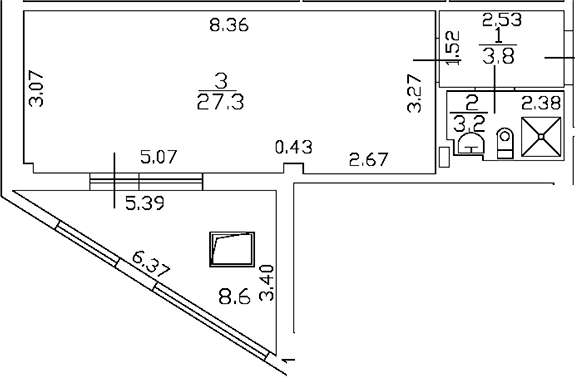 Планировка Студии 42.9 м² в ЖК «Odoevskij 17», корпус 1
