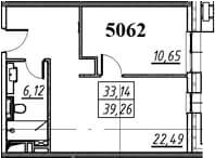 Планировка однокомнатная 39.26 м² в ЖК «Апарт-отель ЙЕС Приморский», корпус 1