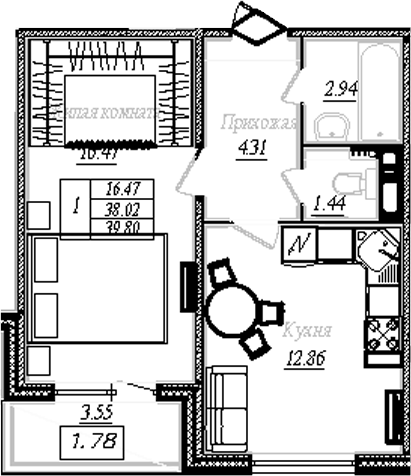 Планировка однокомнатная 39.8 м² в ЖК «АРО», корпус 4