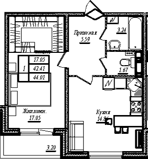 Планировка однокомнатная 44.01 м² в ЖК «АРО», корпус 5