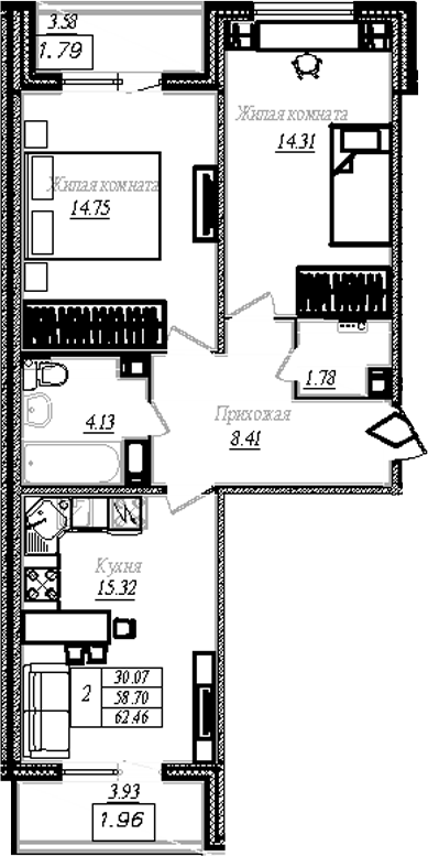 Планировка двухкомнатная 62.46 м² в ЖК «АРО», корпус 4
