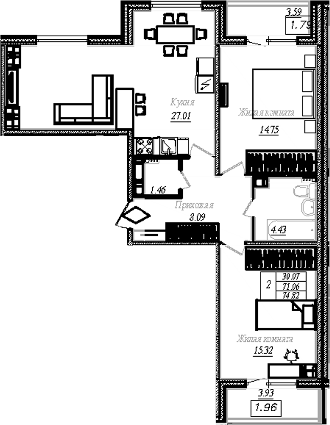 Планировка двухкомнатная 74.82 м² в ЖК «АРО», корпус 4