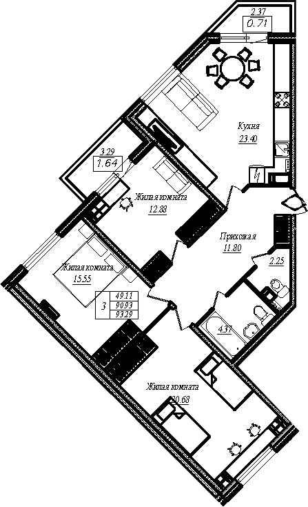 Планировка трёхкомнатная 93.29 м² в ЖК «АРО», корпус 4