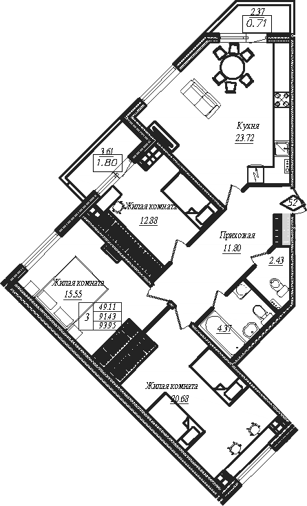 Планировка трёхкомнатная 93.95 м² в ЖК «АРО», корпус 4