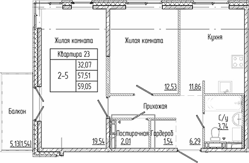 Планировка двухкомнатная 59.05 м² в ЖК «Арт Парк», корпус А