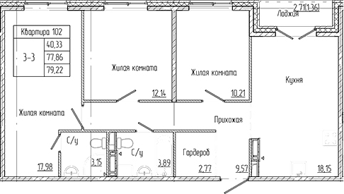 Планировка евро-4 (4Е) 79.22 м² в ЖК «Арт Парк», корпус В