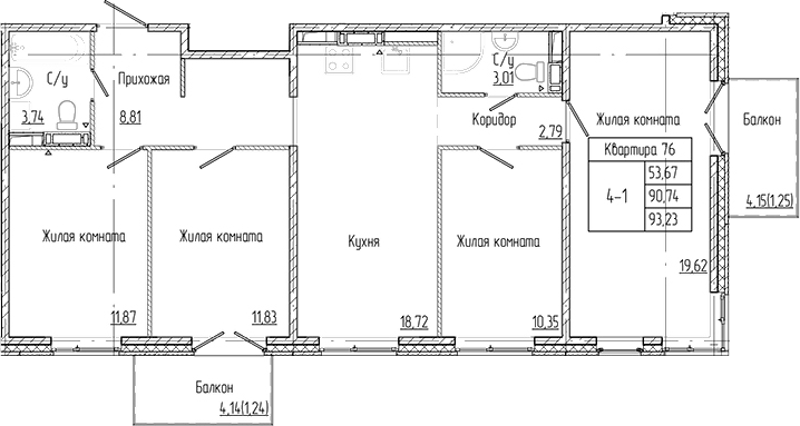 Планировка 5Е-к.кв 93.23 м² в ЖК «Арт Парк», корпус А
