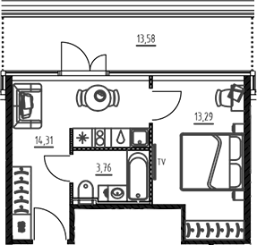 Планировка однокомнатная 44.94 м² в ЖК «Арт Плаза», корпус 1
